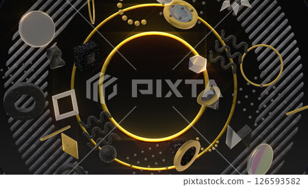 Stylish 3DCG with geometric patterns of various textures arranged on a large circle - Black 126593582