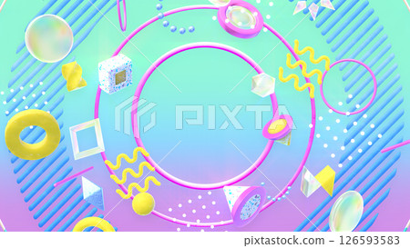 一個時尚的 3DCG,具有各種紋理的幾何圖案排列在一個大圓圈上 - 色彩繽紛 一個時尚的 3DCG,具有各種紋理的幾何圖案排列在一個大圓圈上 - 色彩繽紛 126593583