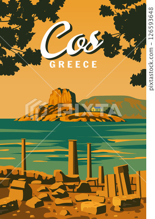 Travel poster Greece island Cos, old fortress, sailboat old Mediterranean European culture and architecture Travel poster Greece island Cos, old fortress, sailboat old Mediterranean European culture and architecture 126593648