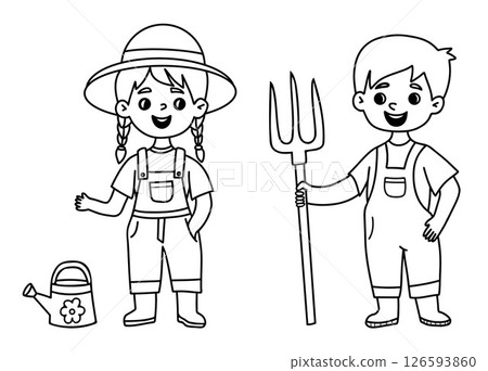 Cute Kids Gardening. Outline boy and girl wearing overalls with garden tools rake and garden watering can. Isolated linear hand drawing. Vector illustration Cute Kids Gardening. Outline boy and girl wearing overalls with garden tools rake and garden watering can. Isolated linear hand drawing. Vector illustration 126593860