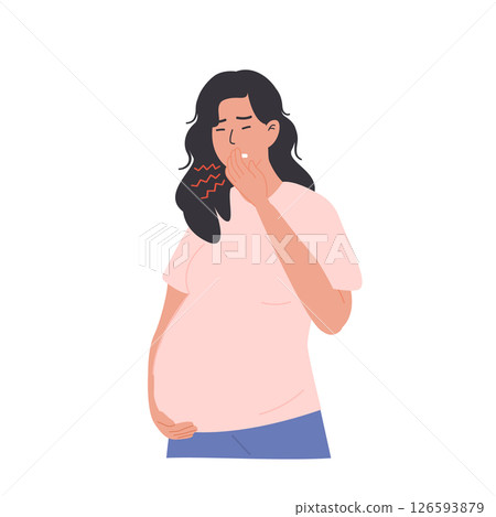 Third trimester pregnant woman experiencing nausea and vomiting, holding her stomach with signs of discomfort, fatigue. Late pregnancy symptoms. Flat Vector Illustration isolated on white background. 126593879