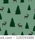 Seamless pattern black deer, fir on green background. Pine forest and small reindeer silhouette print, vector eps 10 126593886