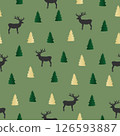 Seamless pattern black deer, golden fir on green background. Christmas winter pine forest, reindeer silhouette print, vector eps 10 126593887