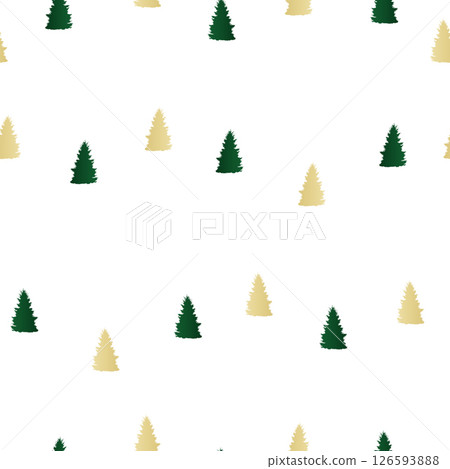 Seamless pattern green, golden firs on white background. Christmas holidays evergreen spruce trees texture, vector eps 10 126593888