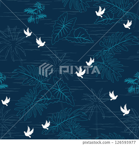 Hand drawn tropical leaves with white pigeons seamless pattern on navy blue background Hand drawn tropical leaves with white pigeons seamless pattern on navy blue background 126593977