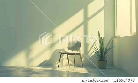 Chair blank green wall with houseplant and shadow sun light from glass window 126594073
