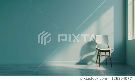 Wooden Chair blank blue copy space wall shadow light alone 126594077