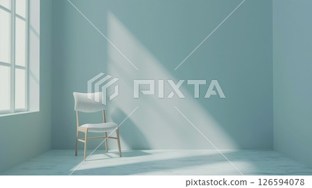Wooden Chair blank blue copy space wall shadow light alone 126594078