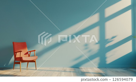 Wooden Chair blank blue copy space wall shadow light alone 126594079