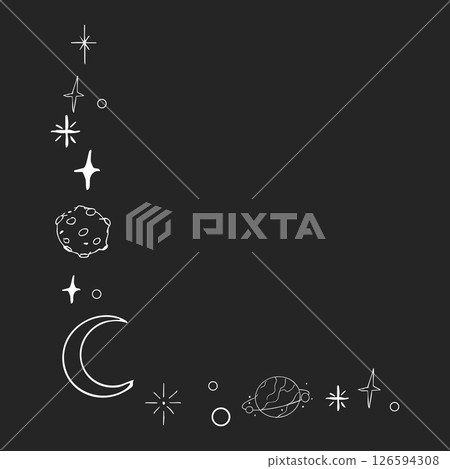 Celestial doodle corner, falling star blink divider, frame. Hand drawn ornament border with stars, planets, meteorite and moon. Space magic simple decor. 126594308