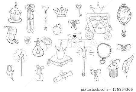 Princess set cute hand drawn sketch. Girl magic fairy mirror, pageant, crown, fairytale fantasy. Royal accessory. Letter and key. 126594309