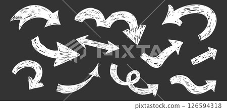 Thick white arrow crayon or chalk drawing sketch grunge textured on blackboard set. Different directions simple curve shape. Pencil, marker, pastel scribble 126594318