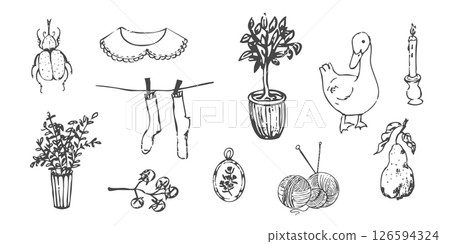 Cottagecore set cosy country rural things sketch. Retro cute whimsy farm themed cottage core aesthetic. Hobby collection, vegetables doodle. Cottagecore set cosy country rural things sketch. Retro cute whimsy farm themed cottage core aesthetic. Hobby collection, vegetables doodle. 126594324