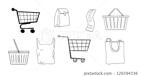 Shopping cart empty trolley doodle, supermarket basket, bag, net shopper simple line. Craft bag, trade icon set, sketch grocery shopping. Shopping cart empty trolley doodle, supermarket basket, bag, net shopper simple line. Craft bag, trade icon set, sketch grocery shopping. 126594336