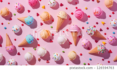 Ice cream cone waffle colorful seamless pattern with sprinkle on pink background 126594763