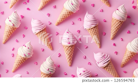 Ice cream cone waffle vanilla flavor seamless pattern clear solid blue background 126594765