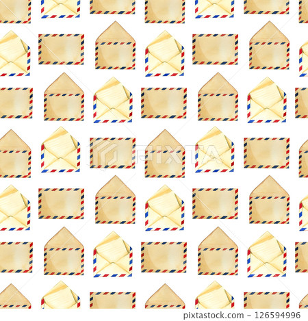 Seamless watercolor pattern. Airmail envelopes, letters, all objects are hand painted with watercolor and isolated on white background. Watercolor pattern. For packaging design, post office products. 126594996