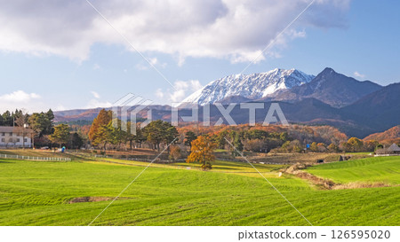 Autumn foliage on the Hiruzen Plateau and snow-capped Mt. Daisen 126595020