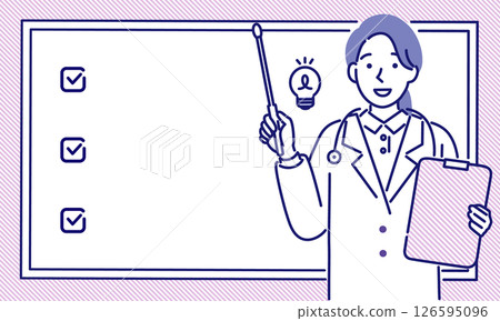 一位女醫生拿著指針並用白板解釋的簡單向量插圖 126595096