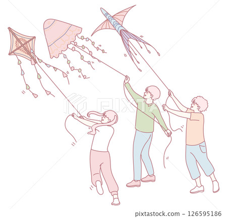Children are joyfully flying colorful kites in a lively and playful outdoor setting Children are joyfully flying colorful kites in a lively and playful outdoor setting 126595186