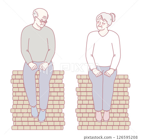 An Elderly Couple Sitting Together on Bricks in a Minimalist Art Style Representation 126595208