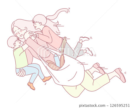 A Busy Mom Juggling Her Kids and Groceries in a Whimsical and Colorful Style of Art 126595251