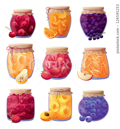 Jam jars set with slice of fruit or berries. Homemade berries and fruit jam, natural organic products. Breakfast food, sweet fruit dessert vector illustration. Winter pot on white background Jam jars set with slice of fruit or berries. Homemade berries and fruit jam, natural organic products. Breakfast food, sweet fruit dessert vector illustration. Winter pot on white background 126595253