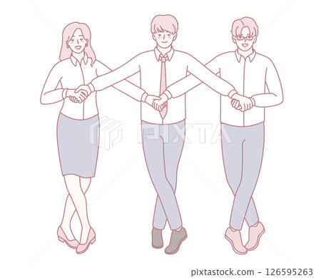 Three individuals in formal attire hold hands, symbolizing unity and collaboration in business Three individuals in formal attire hold hands, symbolizing unity and collaboration in business 126595263