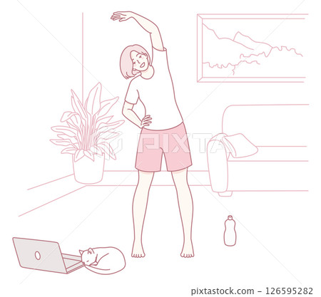 Enjoy a Home Exercise Stretching Routine with Your Cat as a Loving Companion by Your Side 126595282