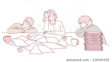 A frustrated team is working diligently at their desks, surrounded by a mountain of files 126595292