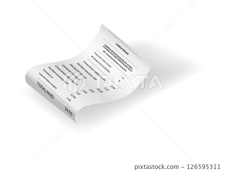 Payment check or receipts with shadow. Curved financial paper, purchase invoice. Buying, bill or calculate pay. Receipt the seller form Payment check or receipts with shadow. Curved financial paper, purchase invoice. Buying, bill or calculate pay. Receipt the seller form 126595311