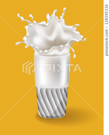 Realistic milk splash in a glass vector illustration. Milk poured into glass on a yellow background 126595316