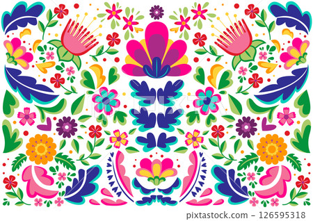 Mexican flower traditional pattern background. Ethnic embroidery decoration ornament. Flower symmetry texture. Ornate folk graphic, wallpaper. Festive mexican floral motif. Vector illustration Mexican flower traditional pattern background. Ethnic embroidery decoration ornament. Flower symmetry texture. Ornate folk graphic, wallpaper. Festive mexican floral motif. Vector illustration 126595318