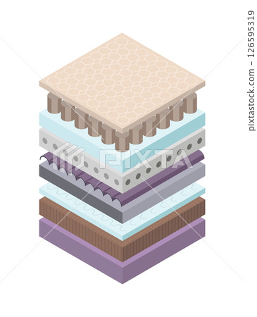 Layered orthopedic mattress icon. Isometric bed section layers. Fabric breathable material, structure for correct sleeping position. Soft filler, comfort synthetic fiber 126595319