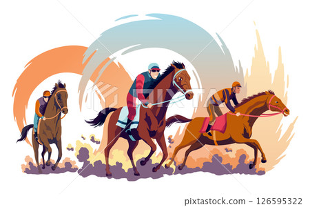 Jockeys riding racehorses on a fast speed, flat style vector illustration. Horse racing tournament Jockeys riding racehorses on a fast speed, flat style vector illustration. Horse racing tournament 126595322