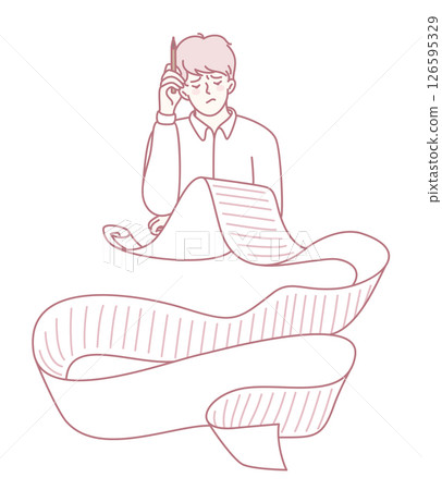A Man Deep in Thought Using a Long Roll of Paper to Illustrate Complex and Intricate Ideas 126595329