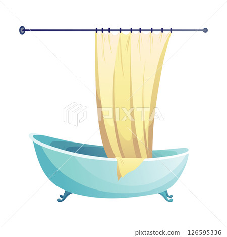 Cartoon bathroom. Vintage blue bathtub and yellow curtain. Bath time in flat style vector illustration. Mockup for web design, isolated on white background 126595336
