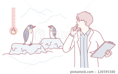 A dedicated scientist is meticulously observing penguins in a frigid, cold environment 126595380