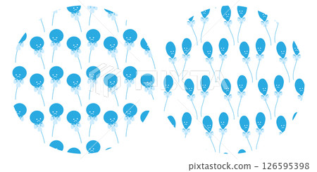 Circular and Deflated Blue Balloons with tied ribbon bow Seamless Pattern on Circle Backgrounds Set 126595398