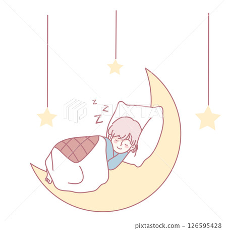 Adorable Illustration of a Cute Child Peacefully Sleeping on the Moon with Heavenly Stars Adorable Illustration of a Cute Child Peacefully Sleeping on the Moon with Heavenly Stars 126595428