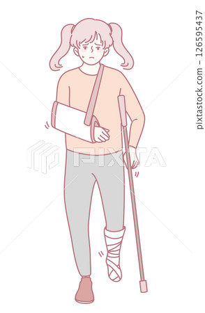 A Brave Injured Girl is Walking with Crutches and has her Arm in a Sling for Support and Healing A Brave Injured Girl is Walking with Crutches and has her Arm in a Sling for Support and Healing 126595437