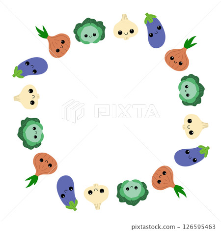 Round frame with cute vegetables. Veggies with smiling faces. Round frame with cute vegetables. Veggies with smiling faces. 126595463