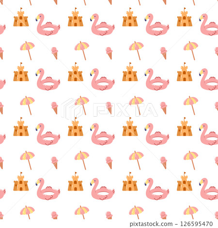 Summer seamless pattern with flamingo, sand castle, umbrella and ice cream. Summer seamless pattern with flamingo, sand castle, umbrella and ice cream. 126595470