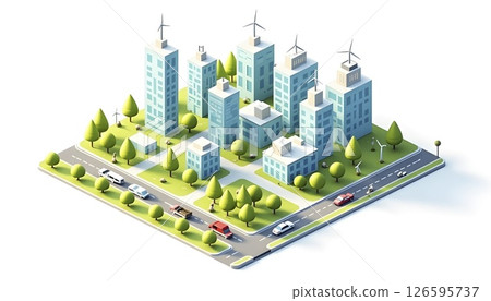Isometric illustration of smart city with buildings, trees, traffic, eco energy, flat design, colorful, white background 126595737