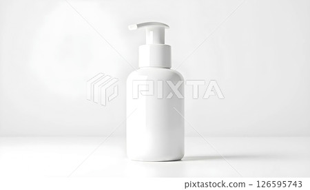 Minimalist cosmetic product mockup, white background, glass bottle, soft shadows, clean branding design 126595743