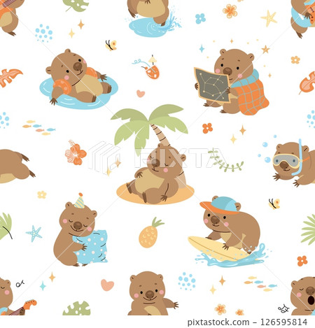 Wombat seamless pattern. Cartoon wombats, wild emotional animals. Decorative print for fabric, wrapping, wallpaper. Cute nowaday vector background Wombat seamless pattern. Cartoon wombats, wild emotional animals. Decorative print for fabric, wrapping, wallpaper. Cute nowaday vector background 126595814