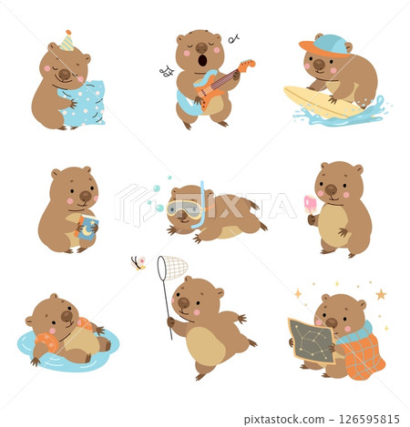 Cartoon wombat. Funny wombats in different poses. Wild animals sleeping eating singing reading book, swimming. Isolated childish mascots nowaday vector set Cartoon wombat. Funny wombats in different poses. Wild animals sleeping eating singing reading book, swimming. Isolated childish mascots nowaday vector set 126595815