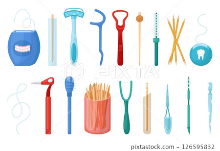 Toothpicks and flosses. Elements of dental and oral hygiene, plastic wooden toothpick and brushes. Isolated different stomatology items, neoteric vector set Toothpicks and flosses. Elements of dental and oral hygiene, plastic wooden toothpick and brushes. Isolated different stomatology items, neoteric vector set 126595832