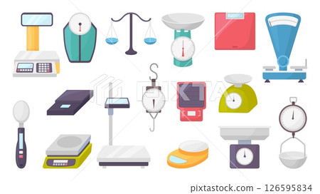 Cartoon scales. Isolated scale for bathroom, kitchen, retail, industrial, medicine. Weight measurement elements, weighing ingredients, neoteric vector clipart Cartoon scales. Isolated scale for bathroom, kitchen, retail, industrial, medicine. Weight measurement elements, weighing ingredients, neoteric vector clipart 126595834