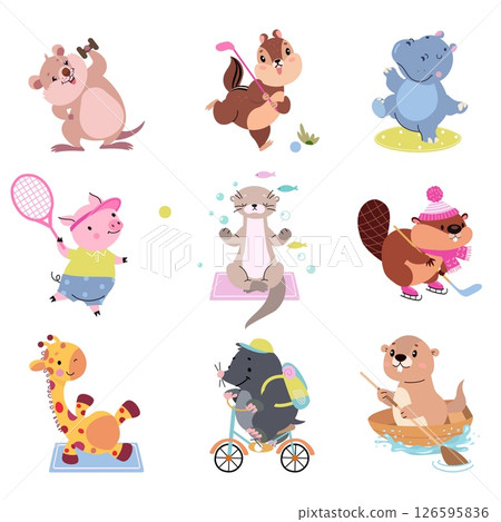 Animals doing exercise. Cute animal in active poses, sport characters. Isolated cartoon otter pig giraffe hippo. Hockey, tennis, cycling, nowaday vector set 126595836